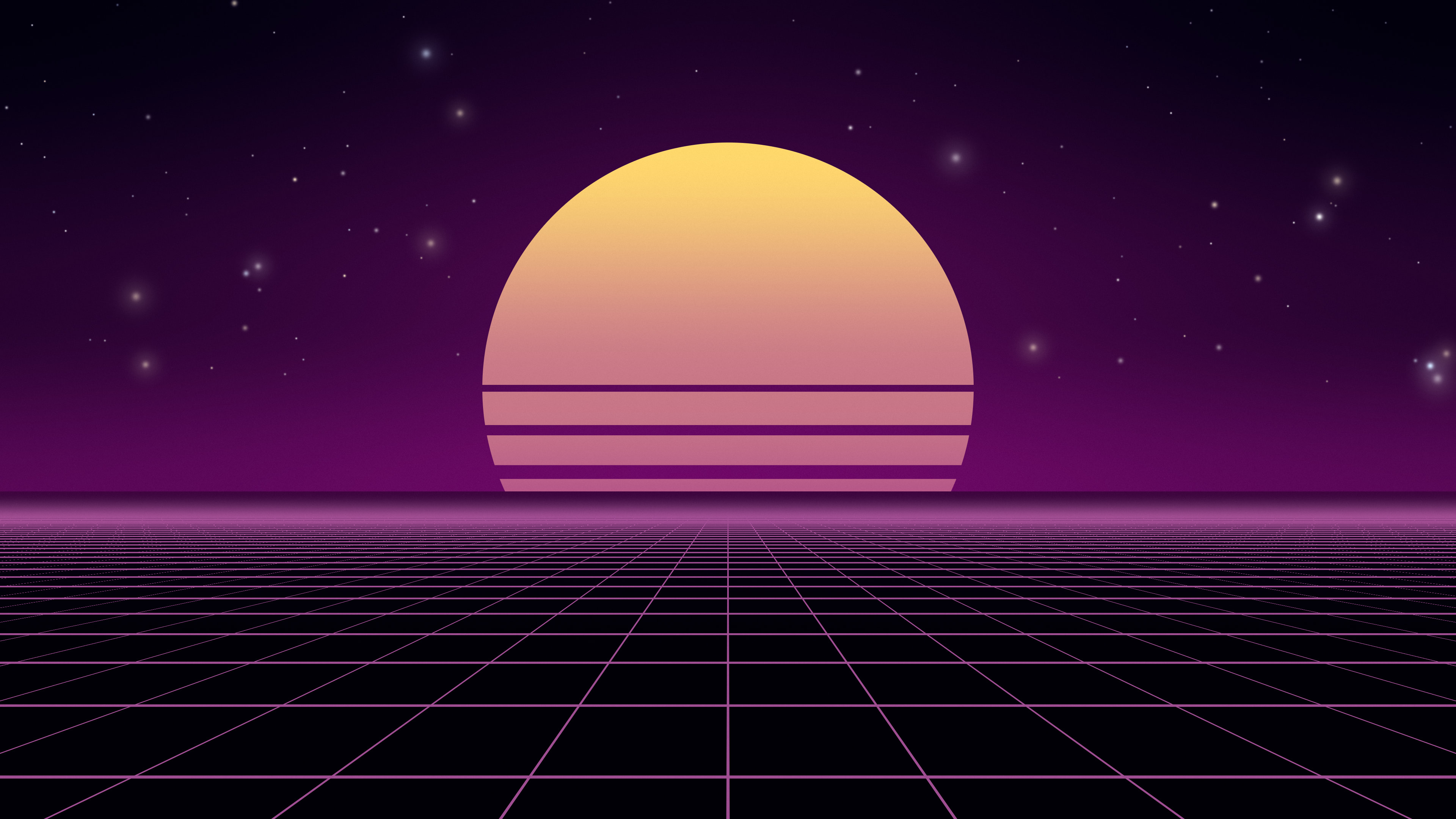 Dark Purple Synthwave Grid Sunset desktop wallpaper in 4K
