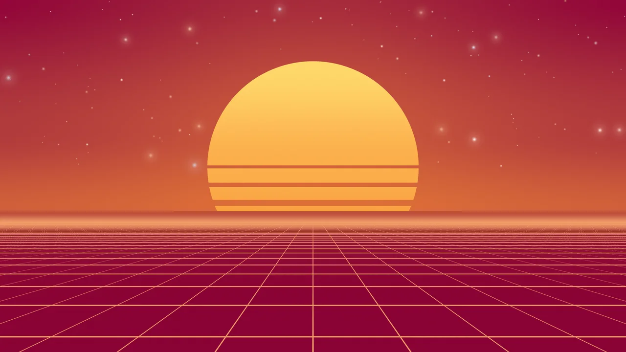 Hot Pink and Orange Synthwave Grid Sunset desktop wallpaper in 4K