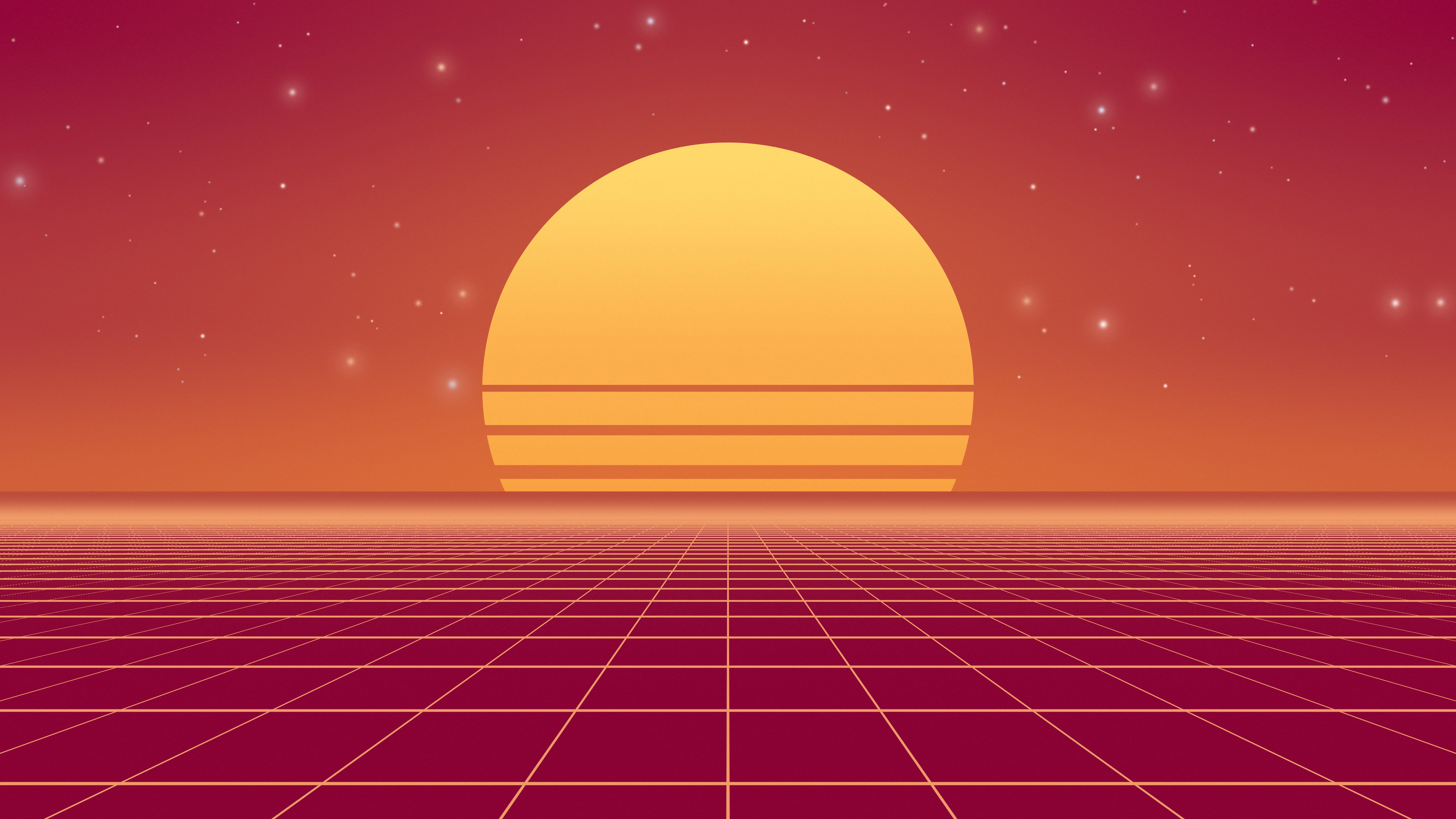 Hot Pink and Orange Synthwave Grid Sunset desktop wallpaper in 4K