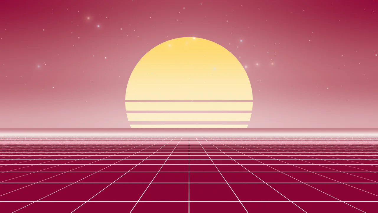 Hot Pink and White Synthwave Grid Sunset desktop wallpaper in 4K