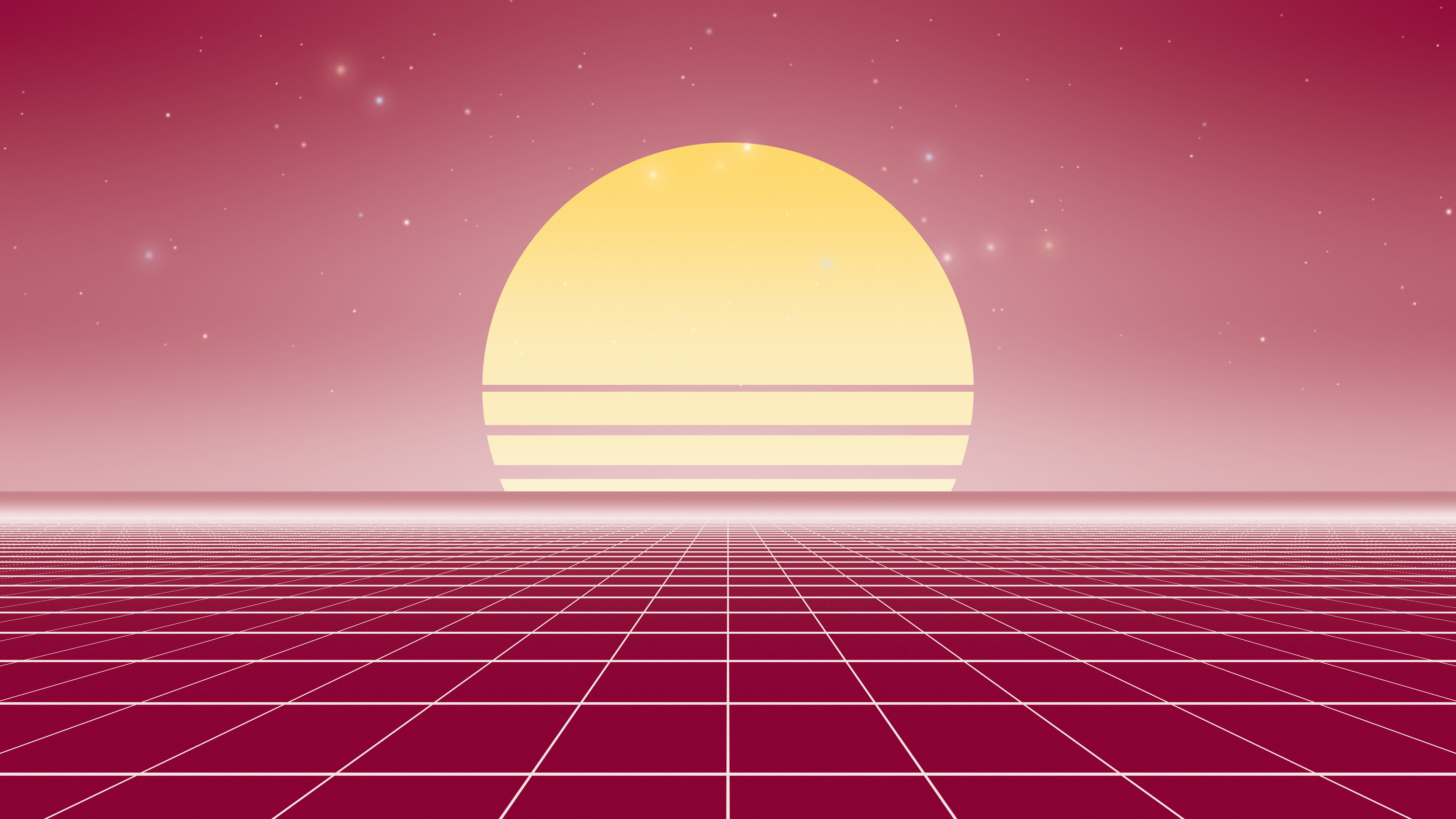 Hot Pink and White Synthwave Grid Sunset desktop wallpaper in 4K