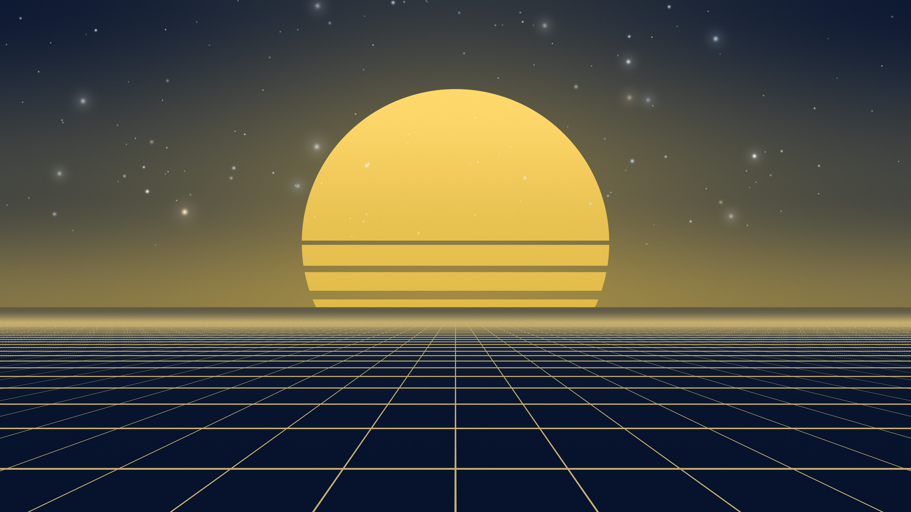Navy and Gold Synthwave Grid Sunset desktop wallpaper in 4K