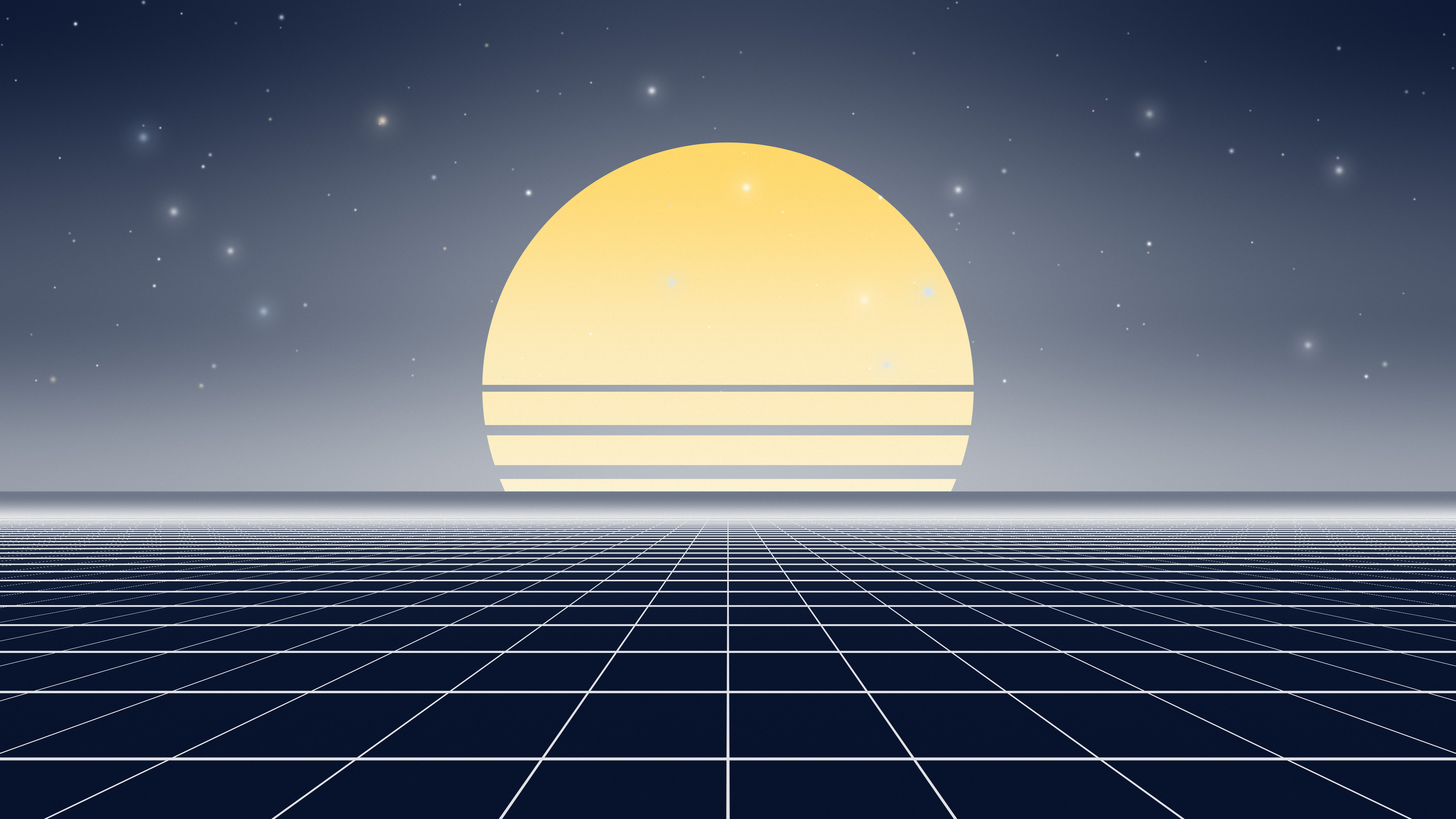 Navy and White Synthwave Grid Sunset desktop wallpaper in 4K