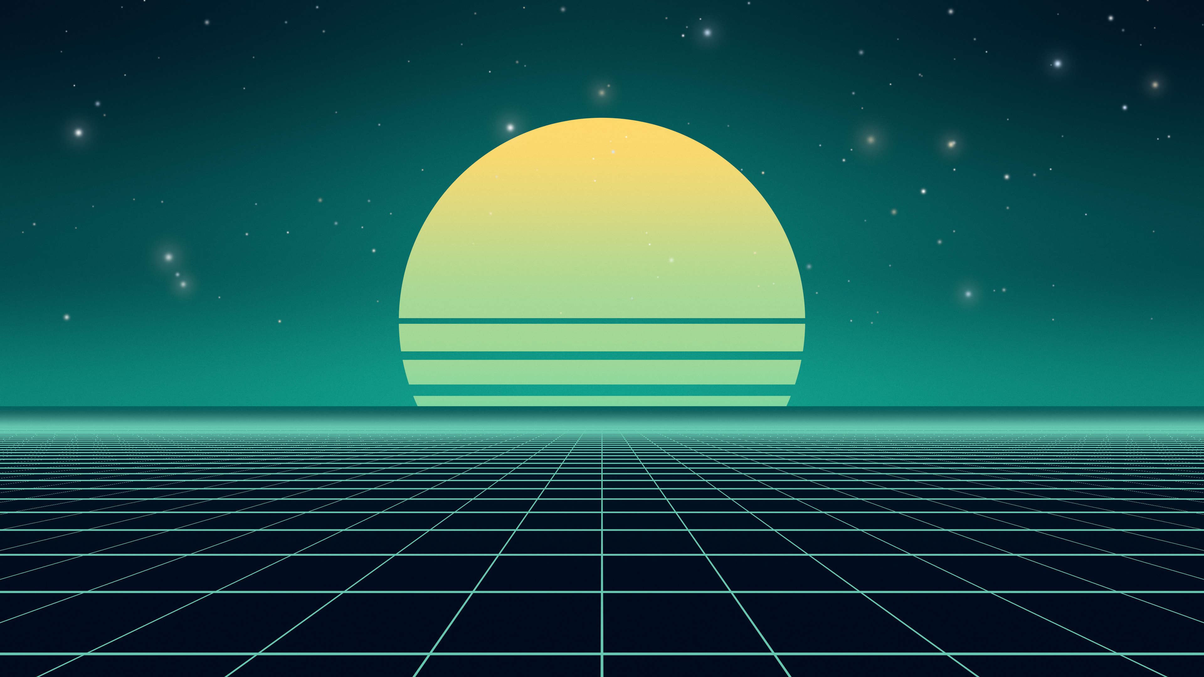 Northern Lights Synthwave Grid Sunset desktop wallpaper in 4K