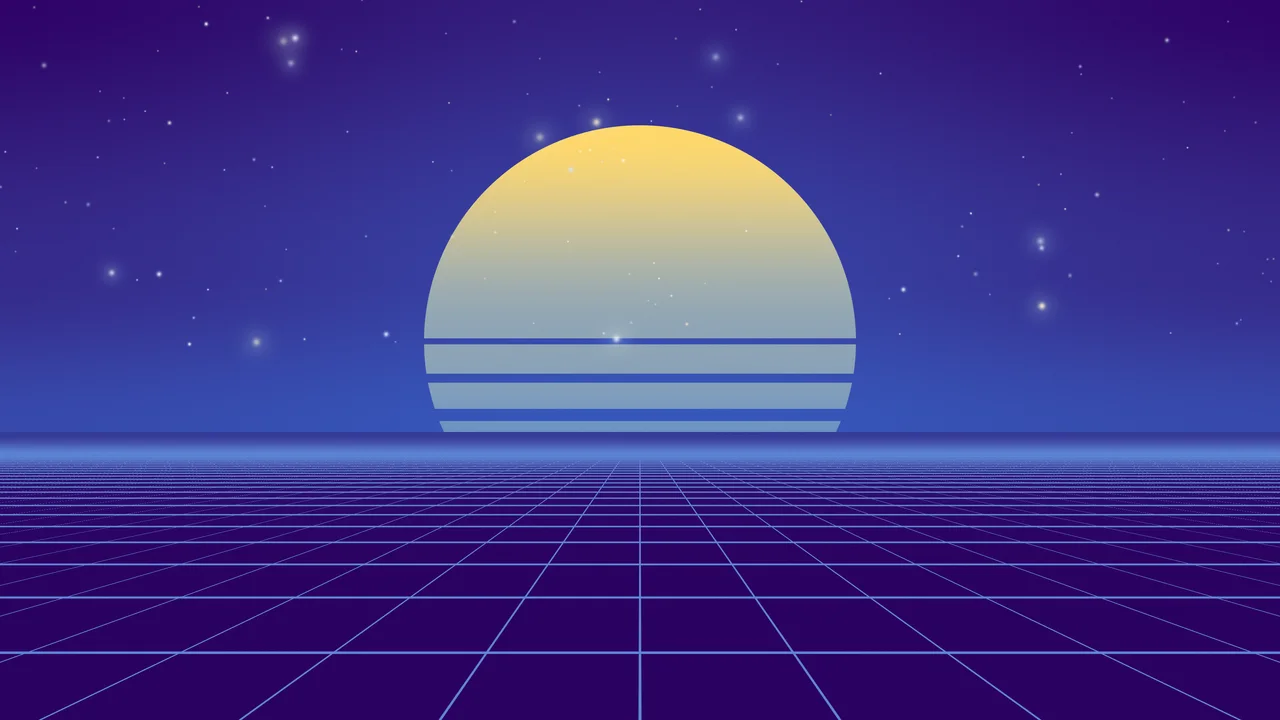 Purple and Blue Synthwave Grid Sunset desktop wallpaper in 4K