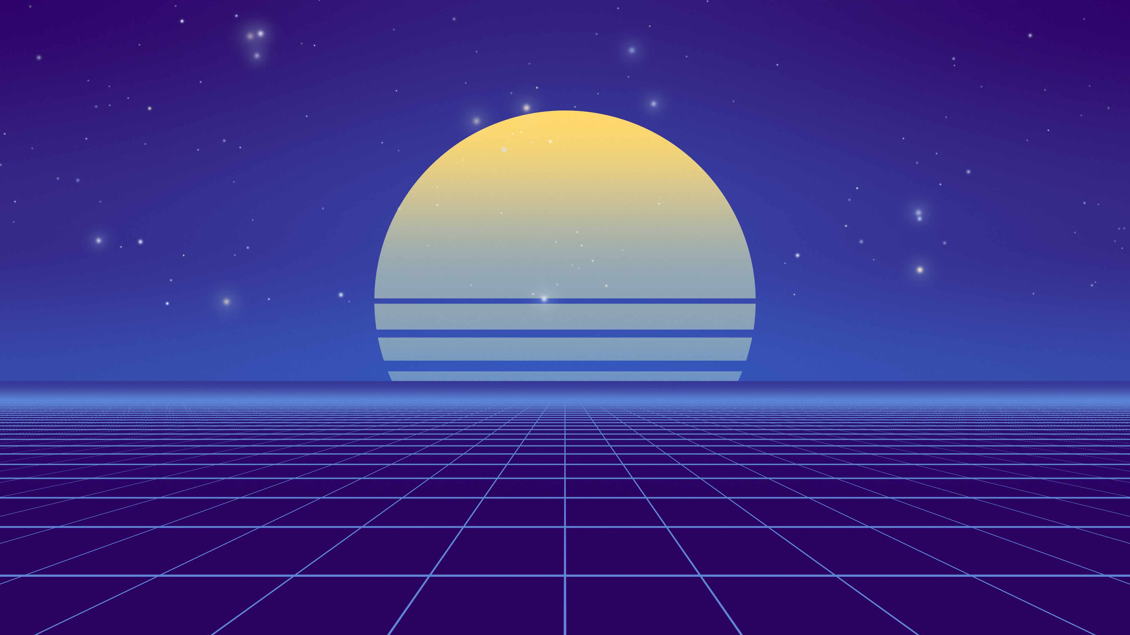 Purple and Blue Synthwave Grid Sunset desktop wallpaper in 4K