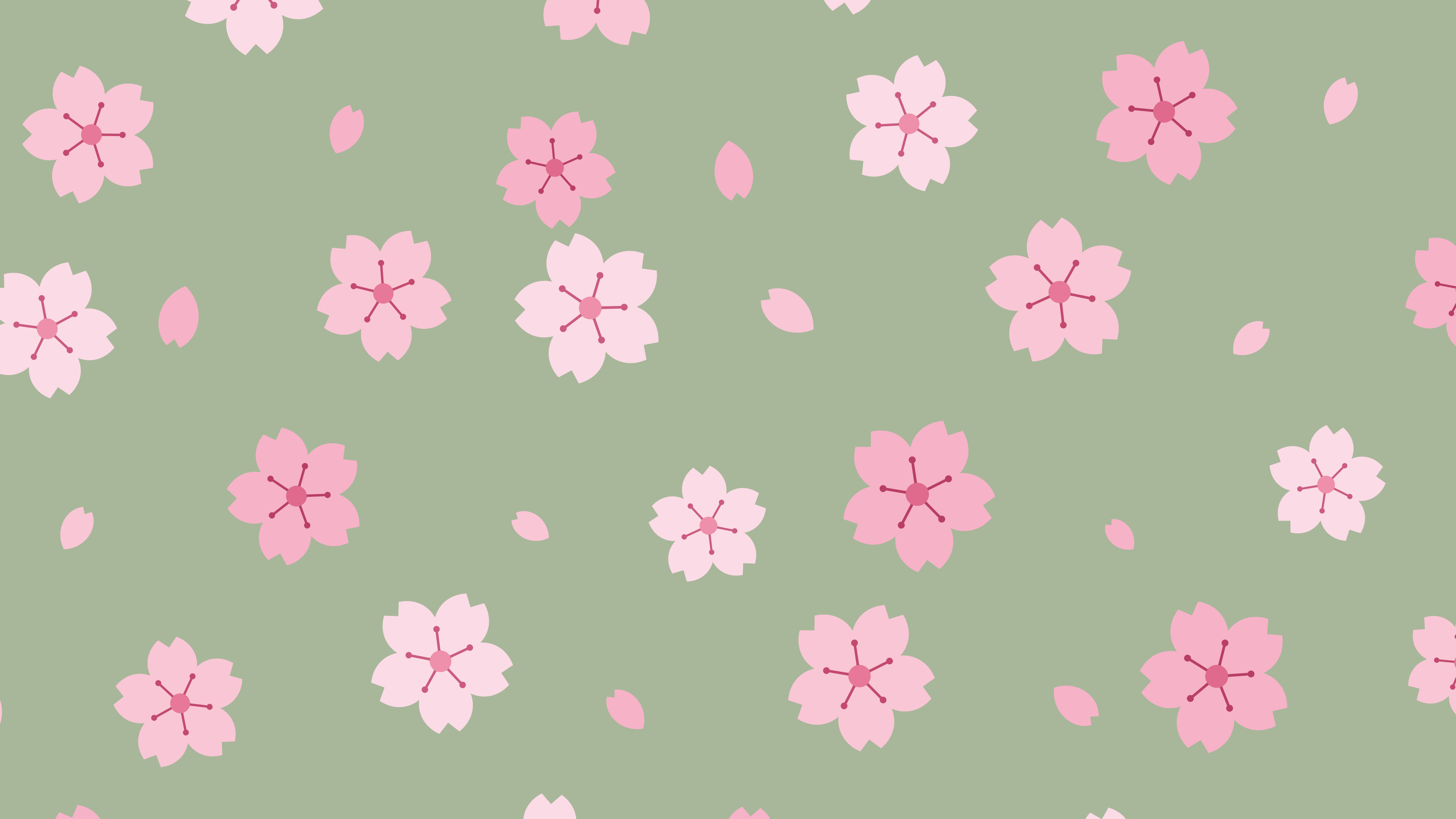 Sage Green Cherry Blossom Pattern desktop wallpaper in 4K